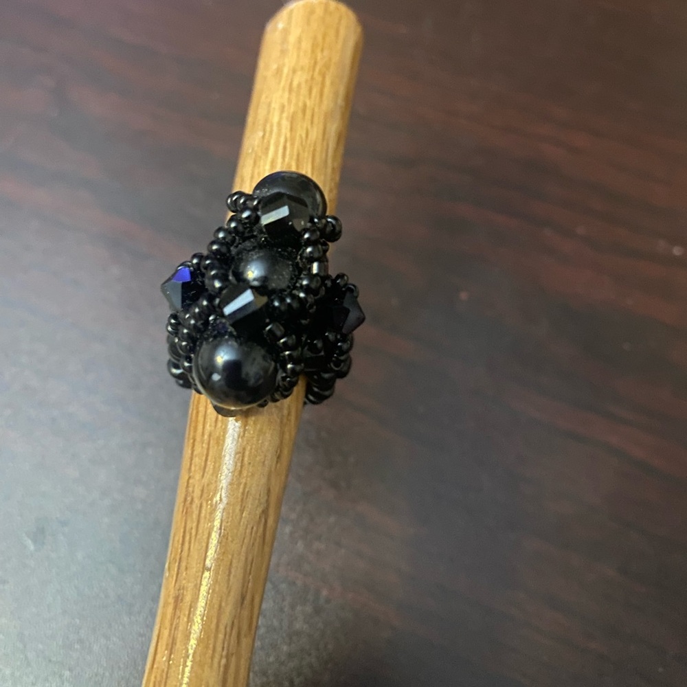 Handmade beaded Ring in  Black  Size 8
